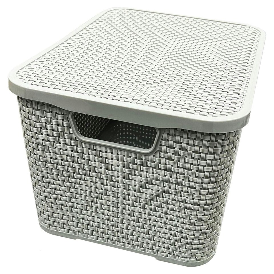 image 1 of 1 x Nature Inspired Light Grey Home & Office Rattan Effect Storage Basket With Lid Grey