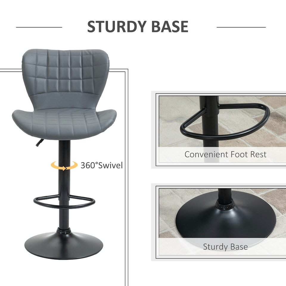 image 1 of HOMCOM Bar Stools Set of 2 Adjustable Height Swivel PU Leather Bar Chairs Grey