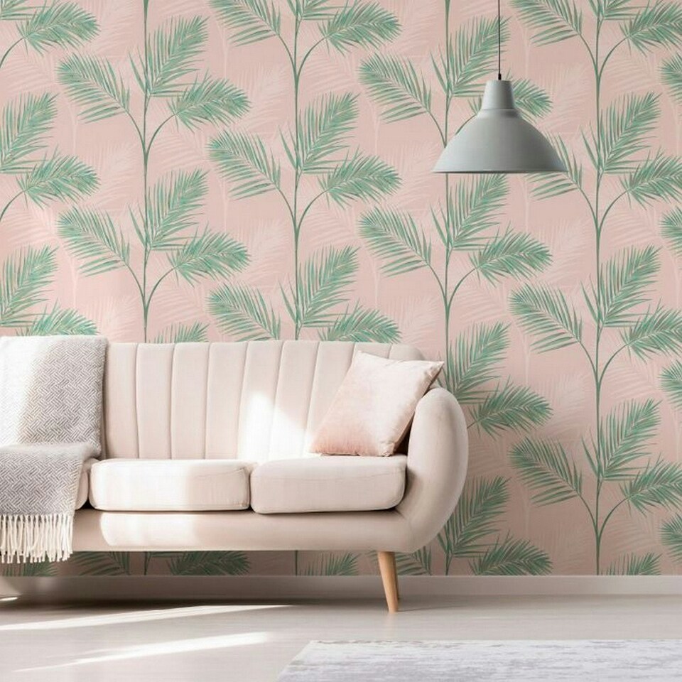 image 1 of Fine Decor South Beach Palm Leaf Wallpaper - Blush Pink - One Size | Pink