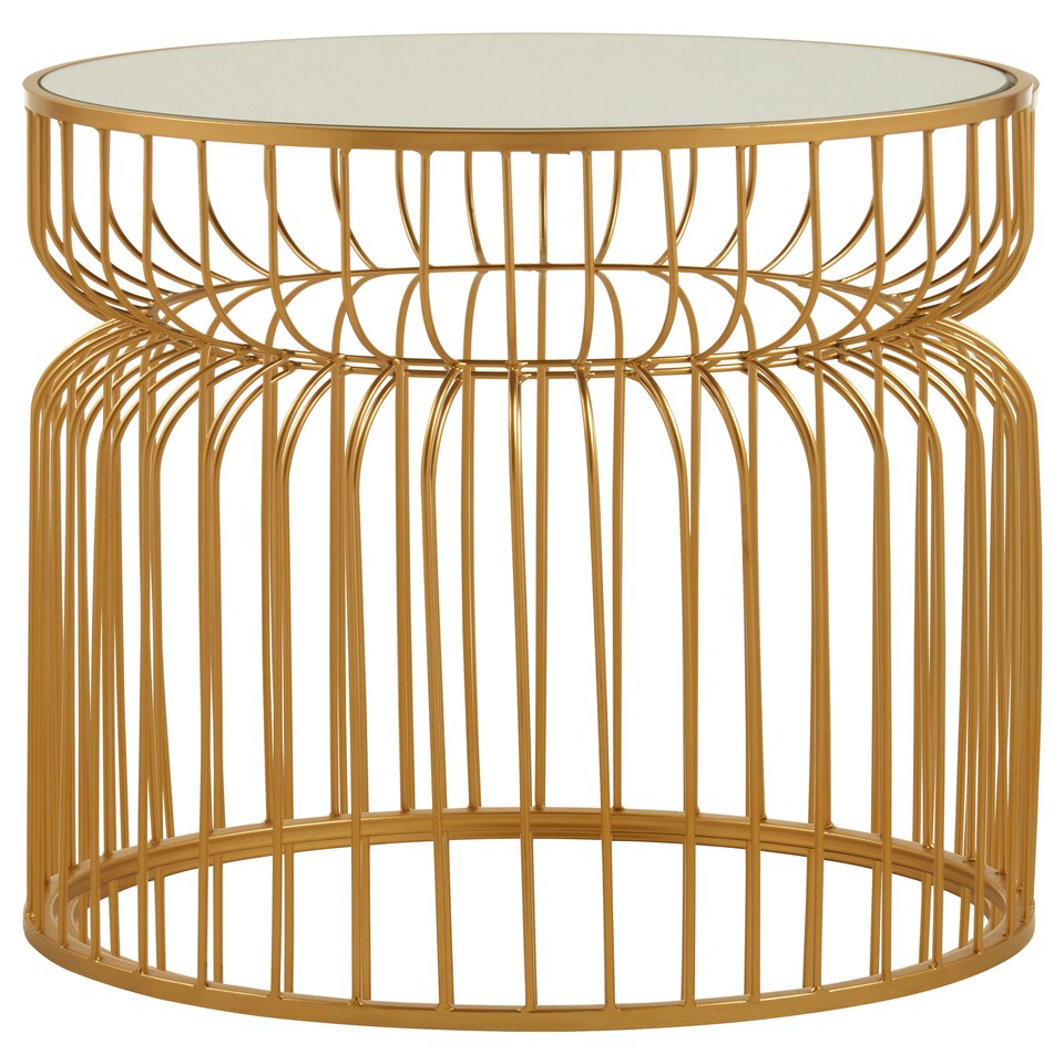 image 1 of Gold Metal Wireframe Round Side Table,Bedside Table With Mirror Top,Metallic Finish Accent Table,Round Table Gold