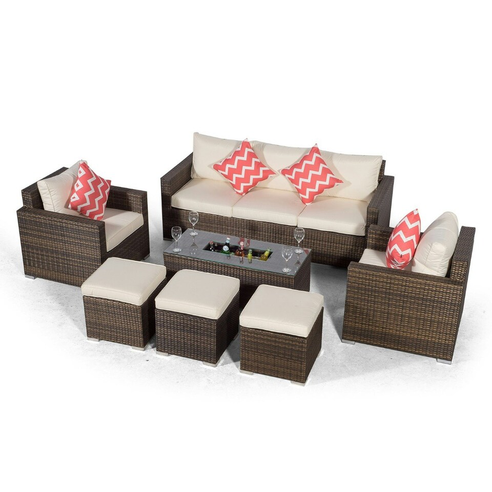 image 1 of Sydney 8 Seater Drinks Cooler Conversation Dining Set With Coffee Table & 3 Stools Brown | Ivory