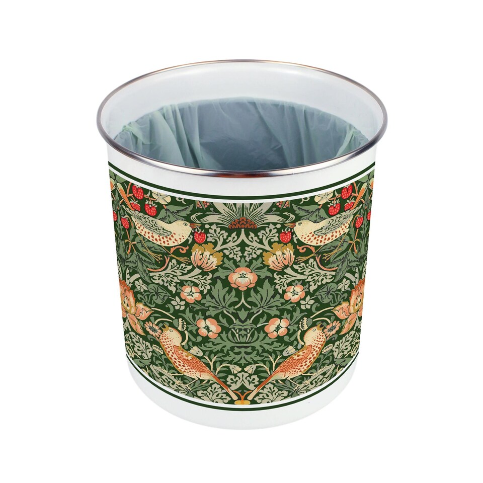 image 1 of Strawberry Thief Food Waste Caddy - Metal 2L Green Decorative Kitchen Compost Bin