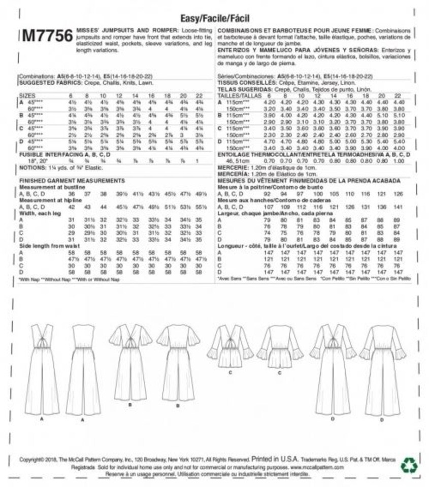 image 1 of McCall's 7756 Paper Sewing Pattern – Women’s Jumpsuit, Size E5 (14–16–18–20–22), Easy