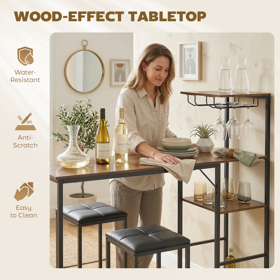 image 1 of HOMCOM 3Pcs Breakfast Bar Table and Stools Set 4-tier shelving | Black | Rustic Brown, Black | Table: 122W x 39.5D x 122.3H cm; Stool: 30.5W x 30.5D x 60H cm