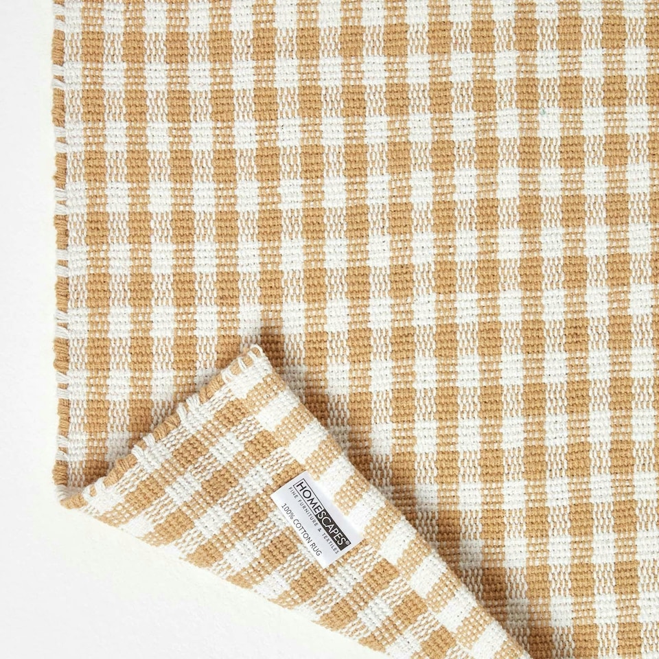 image 1 of Homescapes Cotton Gingham Check Rug Hand Woven Beige White - 60 x 90 cm | Cream | Beige
