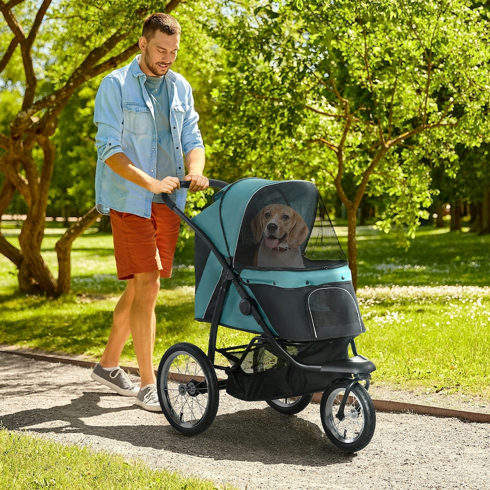 image 1 of PawHut 3 Wheel Pet Stroller, for Medium Small Dogs, Foldable Cat Pram - Green