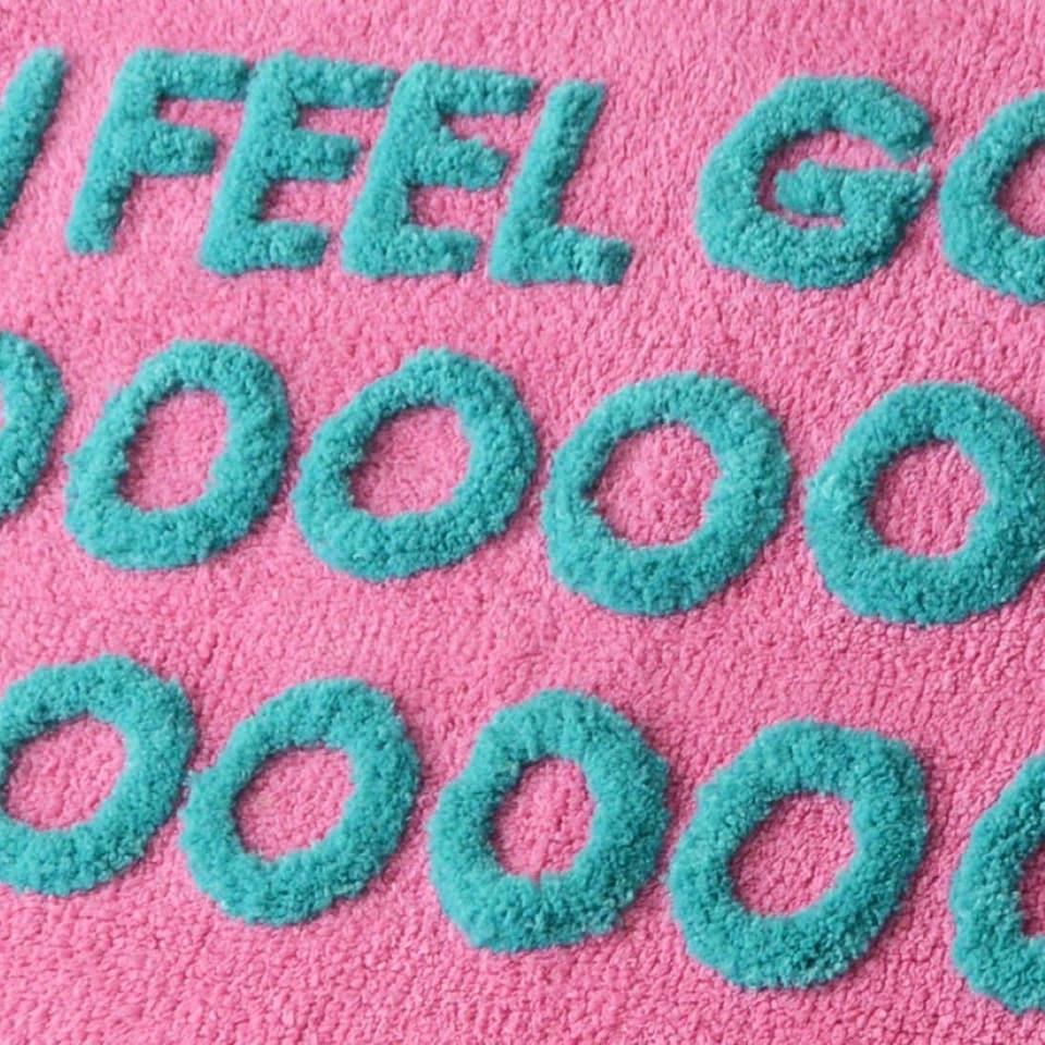 image 1 of I Feel Good Slogan Bath Mat Non Slip, Colourful Tufted Rug Pink