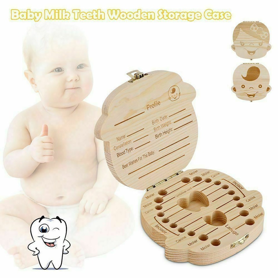image 1 of Boys Storage Small Kids Child New Baby Tooth Keepsake Wooden Box Save Teeth Gift