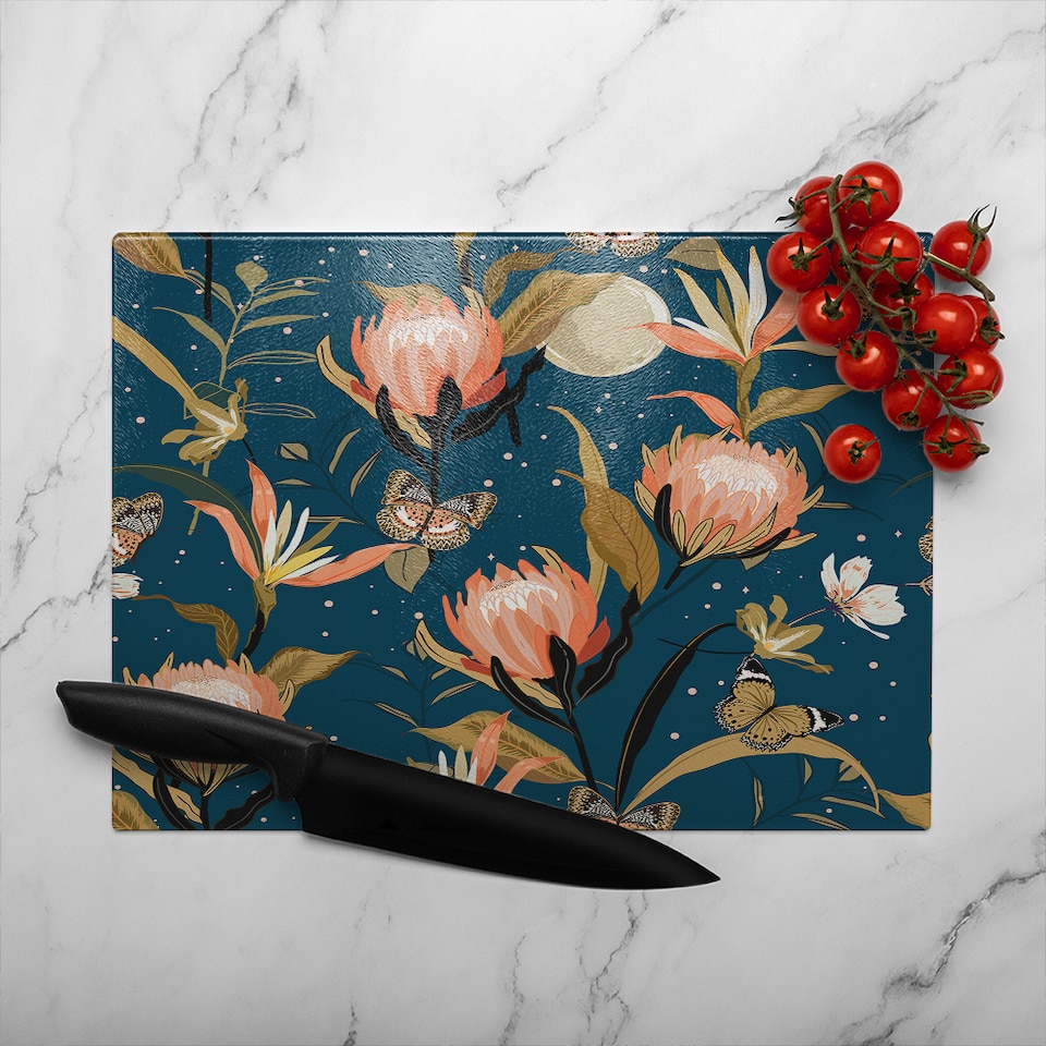 image 1 of The Moon Butterflies & Flowers Glass Chopping Board | Multi