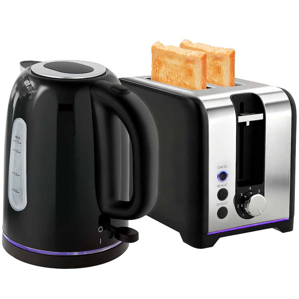 image 1 of HOMCOM Kettle and Toaster Set, 1.7L 3000W Rapid Boil Jug Kettle with Otter Thermostat, Limescale Filter, 2 Slice Toaster with 7 Browning Controls, Crumb Tray, Black | Black