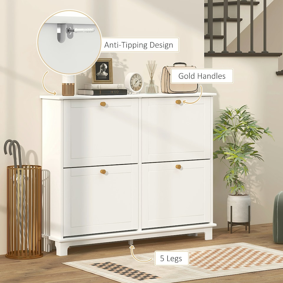 image 1 of HOMCOM Narrow Shoe Cabinet with 4 Flip Drawers Adjustable Shelves White | Gold | 119.5W x 23.5D x 87H cm
