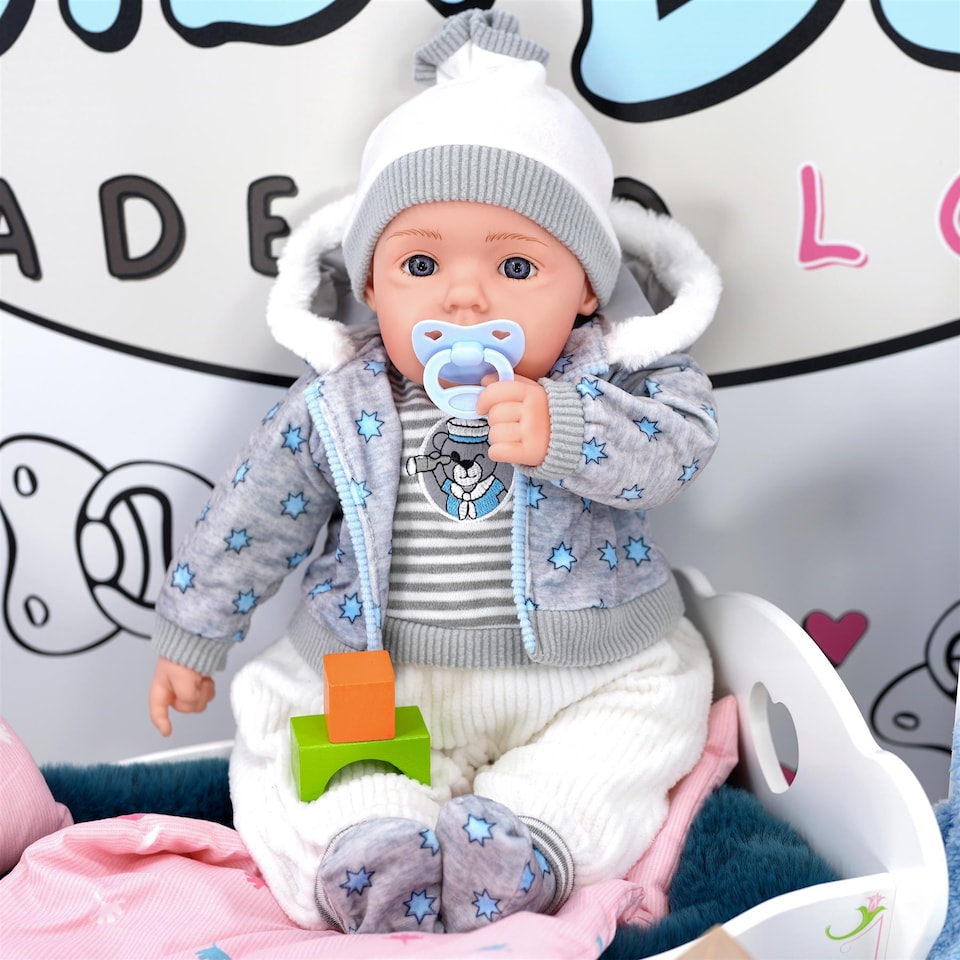 image 1 of BiBi Doll 20" Navy Baby Doll Boy with Grey Jacket, Extra Outfit, Sounds & Dummy Toy