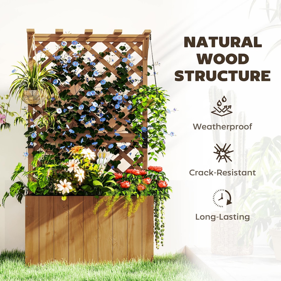 image 1 of Outsunny Outdoor Wooden Planter with Trellis and Drainage Holes, Natural