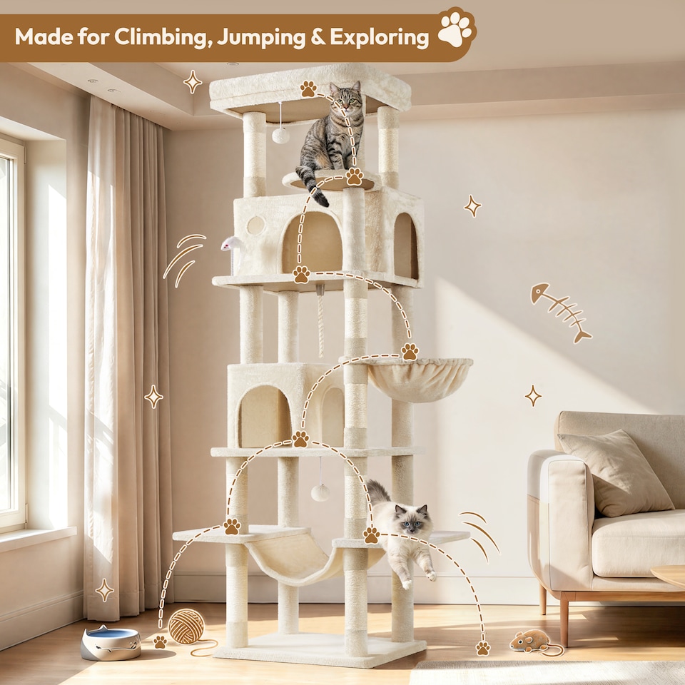 image 1 of Yaheetech 210cm Multi-Level Cat Tree with Large Top Perch, 2 Cat Condos, Hammock & Basket, Sisal Scratching Posts, Heavy Duty Cat Tower for Indoor Cats, Beige