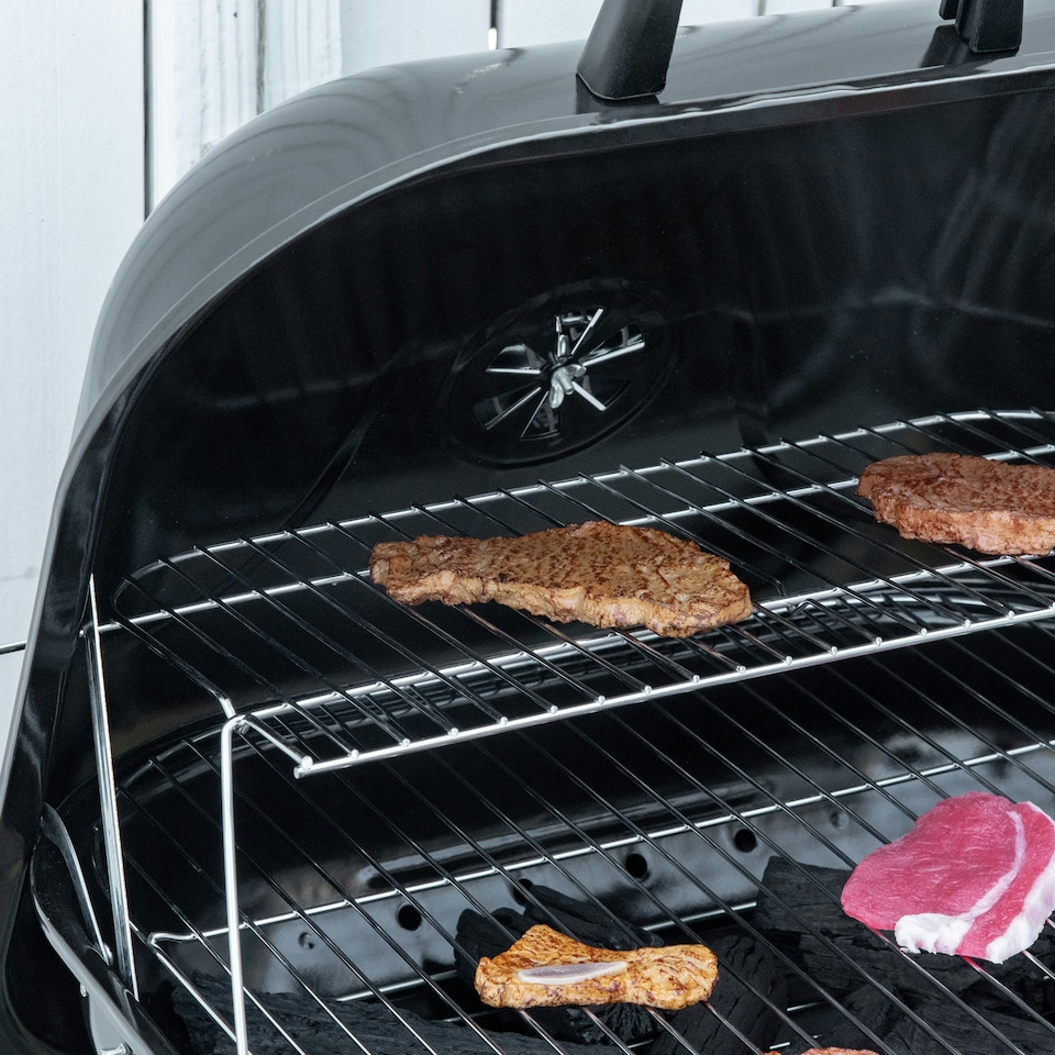 image 1 of Outsunny BBQ Charcoal Smoker Grill Trolley with 2 Wheels and Grilling Utensils