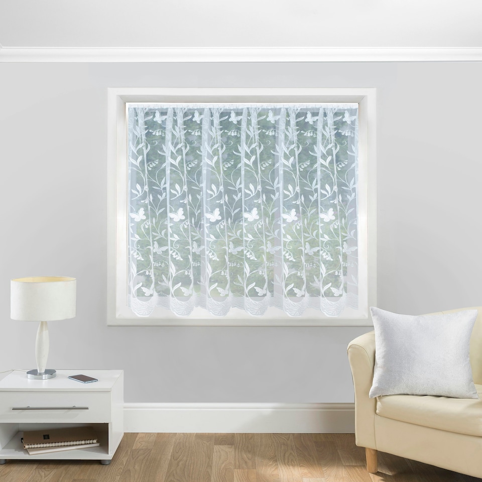image 1 of Hawaii White Floral Net Panel 5 M x 160 cm Contemporary Trailing Leaf Design with Butterflies Pre Cut Net Panel