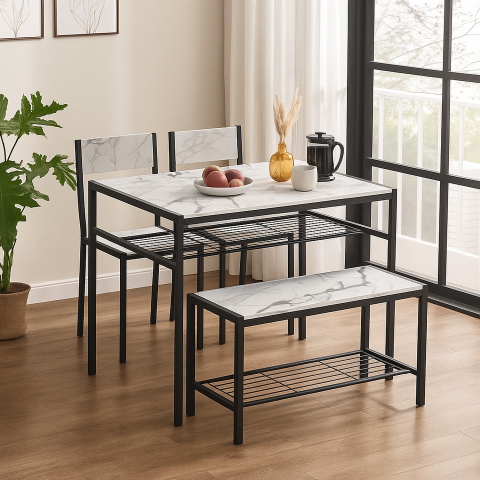 image 1 of 4 Pcs Set Dining Room Table Metal Frame with 2 Matching Chairs and Bench Kitchen | Multi | White Marble
