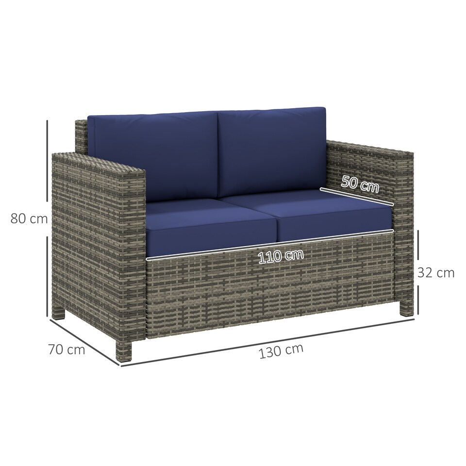 image 1 of Outsunny Rattan Sofa, 2 Seater Garden Furniture with Soft Padded Cushion and Armrests, Wicker Garden Loveseat for Patio, Navy Blue | Blue | Two Seater