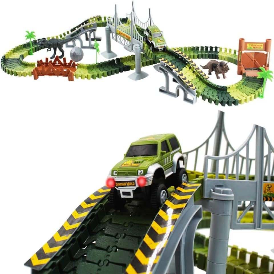 image 1 of Dino World Flexible Slot Car Race Track Set – 144-Piece Dinosaur Track Playset with Battery-Operated Car, Light-Up Features, Bridges & Accessories