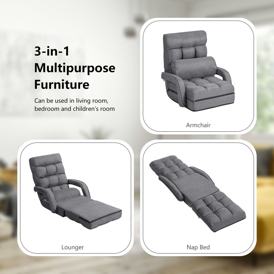 image 1 of COSTWAY 2 IN 1 Folding Lazy Sofa Lounger Adjustable Black Grey