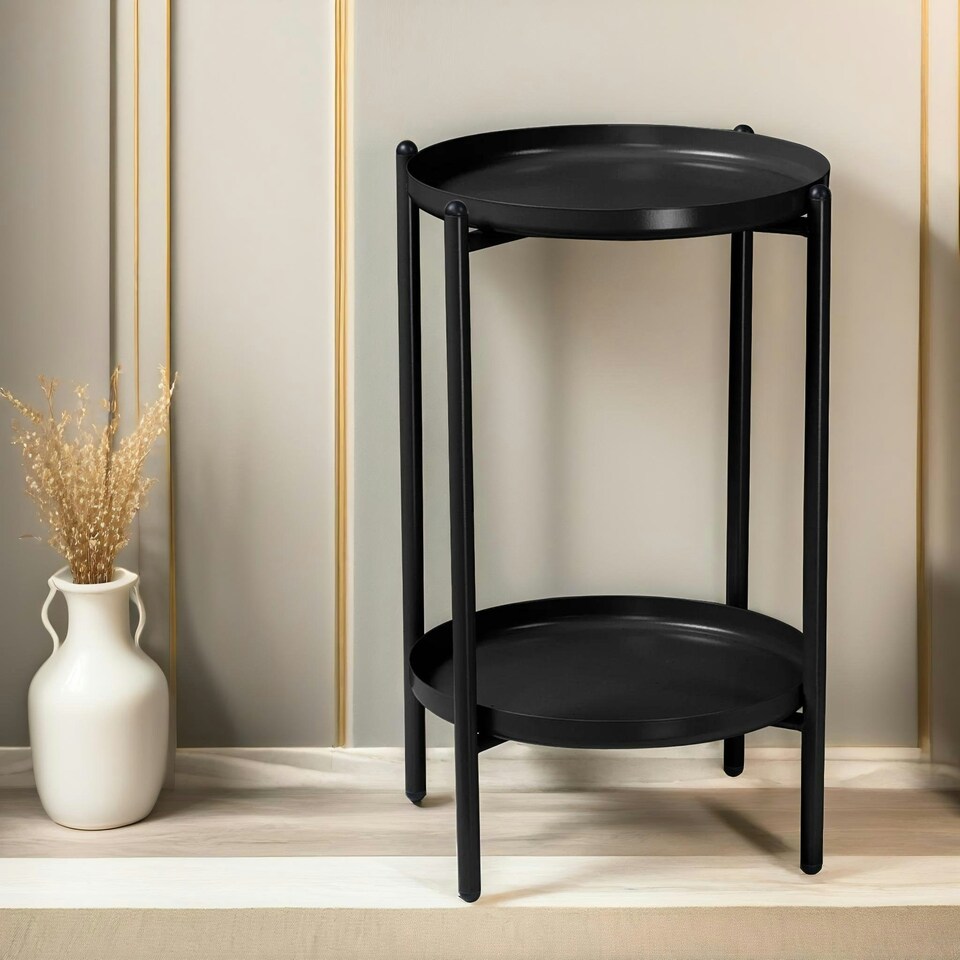 image 1 of 2 Tier Round Metal Coffee Table Black Black
