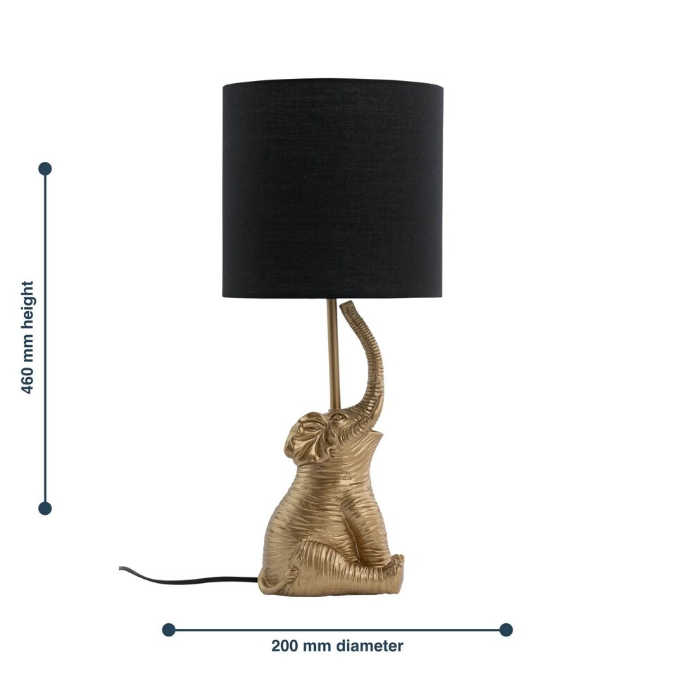 image 1 of Elephant - Gold Resin Table Lamp With Black Fabric Shade | Gold | Black | Large | 1