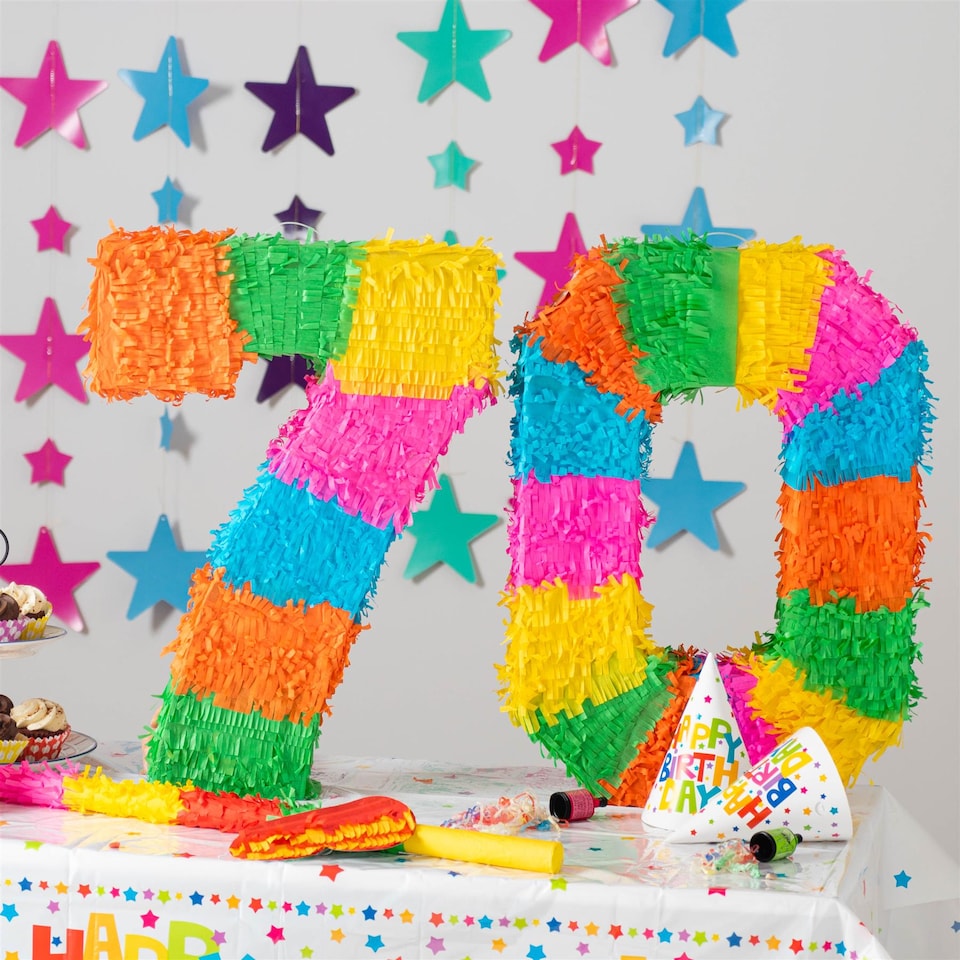 image 1 of Fax Potato Fax Potato Pinata Set with Stick & Blindfold - 70th Birthday / Anniversary - Rainbow