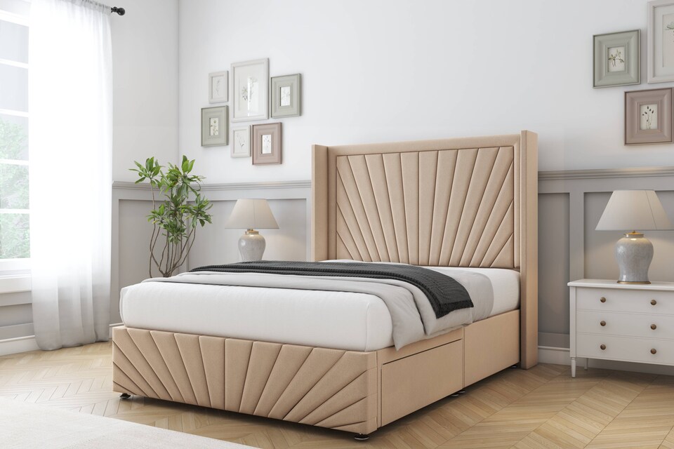 image 1 of Sloomy Rutherford Pebble Plush Divan Bed With Mattress No Drawers With 54" Wingback Headboard & 12" Matching Footboard 6' Super King | Brown | Pebble | Super King | 1