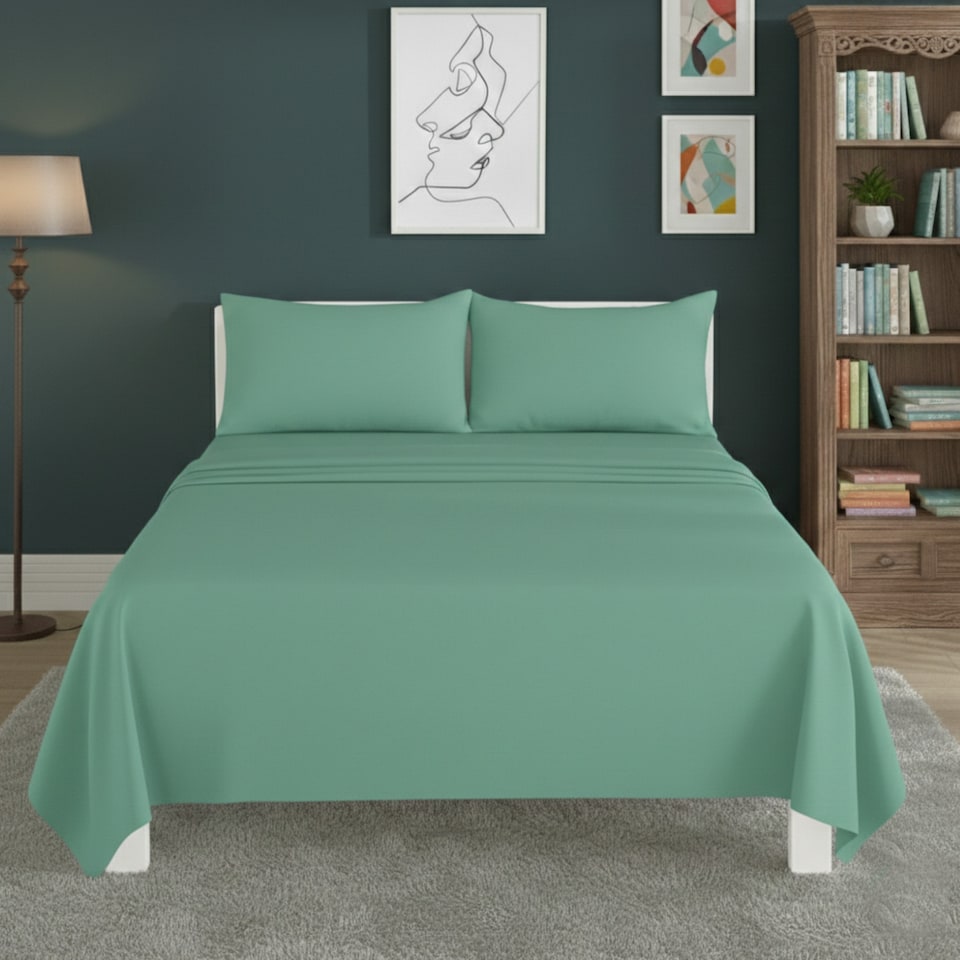 image 1 of Easy Care Flat Bed Sheet Polycotton Durable Low Maintenance Bedding | Green | Mint