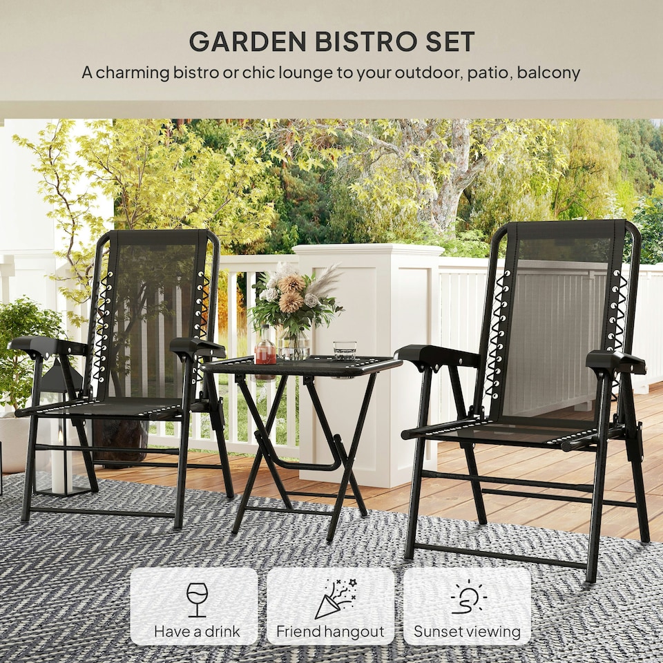image 1 of Outsunny 3 Pieces Folding Garden Bistro Set with Cup Holders, Black