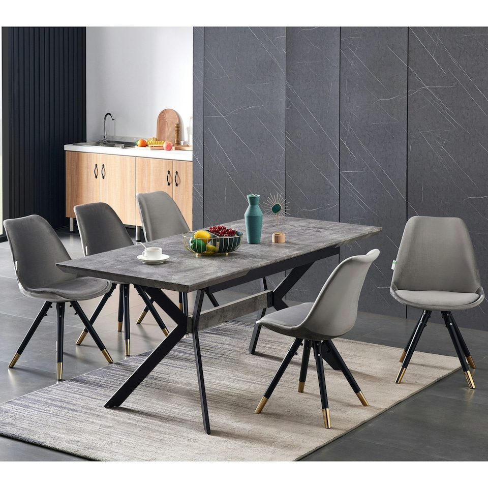 image 1 of Set of 2 Sofia Ergonomic Modern Dining Chairs Upholstered in Velvet, Metal Legs with Gold End Tips | Grey | Dark Grey