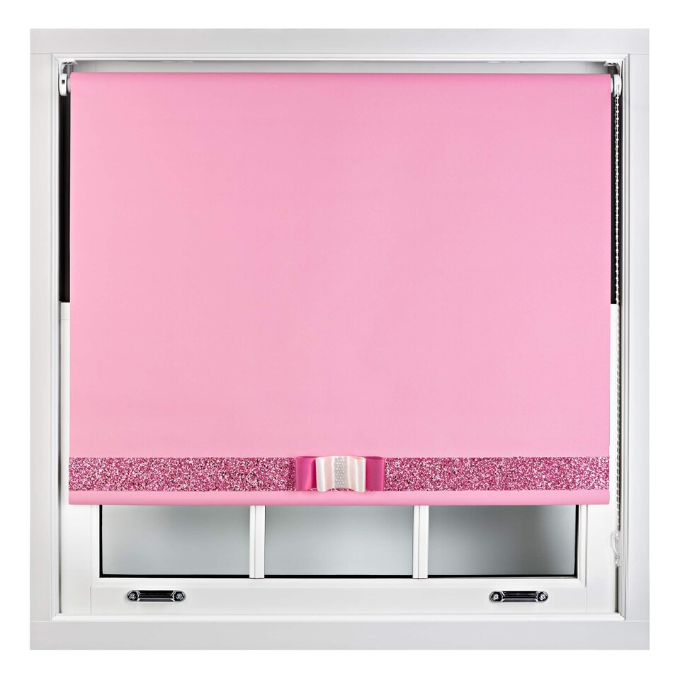 image 1 of FURNISHED Blackout Roller Blind with Pink Glitter Trim and Fuchsia Bow Trimmable Window Shade | Pink | Pink 1 | (W) 90cm x (L) 210cm