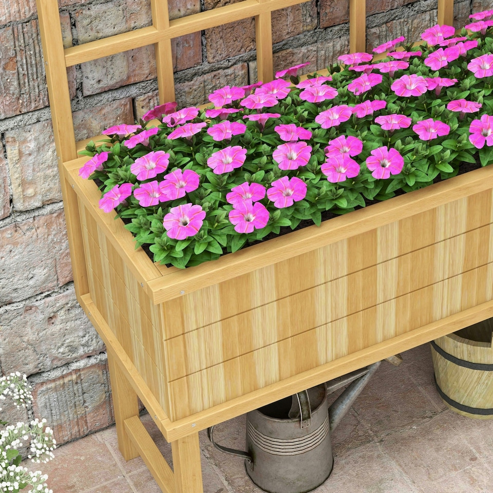 image 1 of Outsunny Wood Raised Planter w/ Trellis Drain Holes Elevated Garden Bed Grey