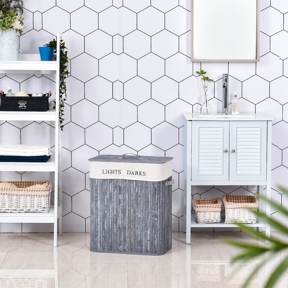 image 1 of HOMCOM 100L Collapsible Natural Wood  Laundry Hamper Organizer Clothes Washing Basket Bin Storage Box w Lid Removable Lining 52x32x63cm, Grey