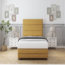 Sloomy Monaco Mustard Plush Divan Bed With Mattress 4 Drawers With 54" Floor Standing Headboard & 12" Matching Footboard 4'6 Double | Gold | Mustard | Double | 1