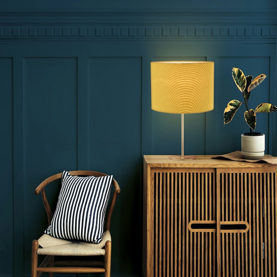 image 1 of Contemporary and Stylish Mustard Ochre Linen Fabric Oval Lamp Shade - 30cm Width Yellow