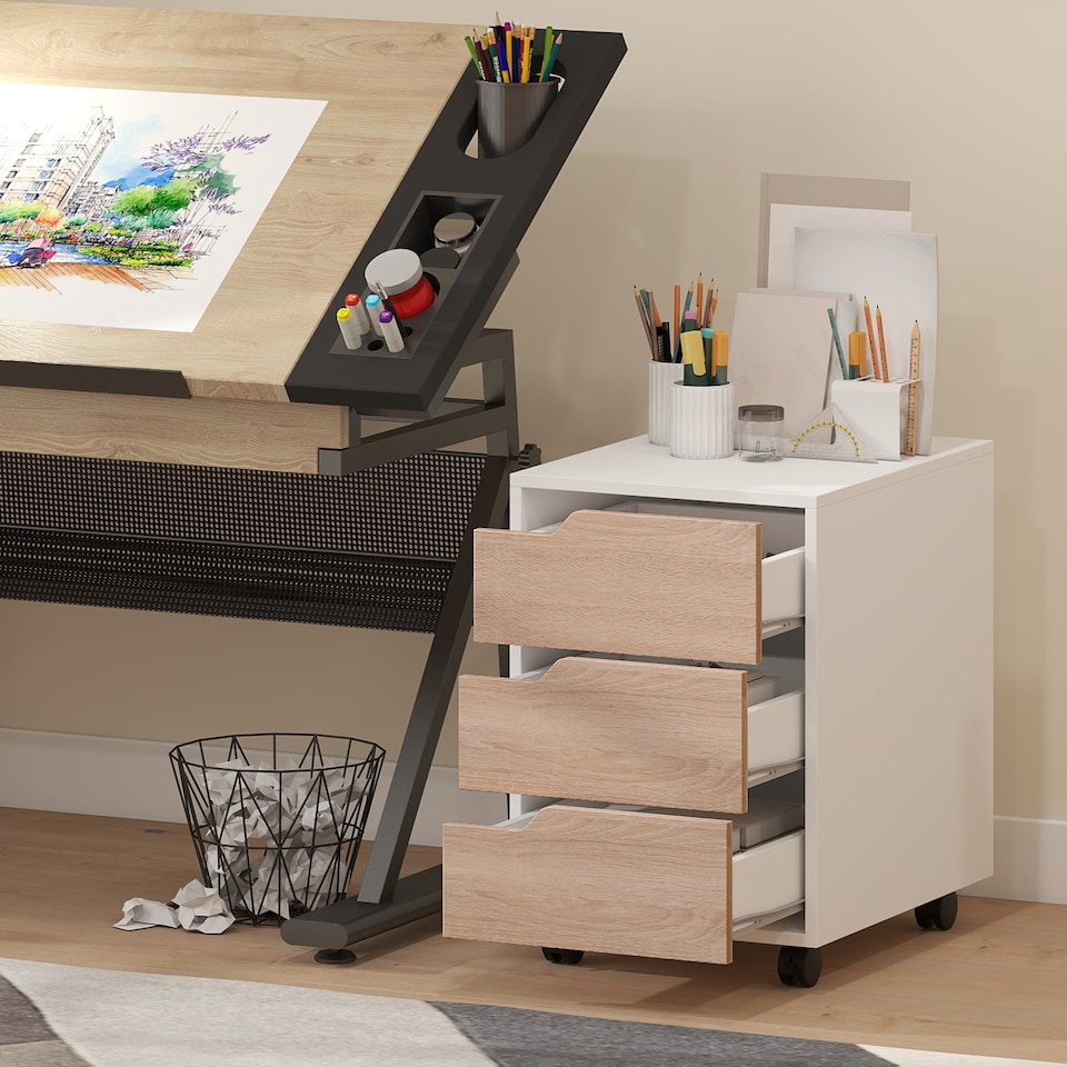 image 1 of HOMCOM 3 Drawer Mobile File Cabinet, Vertical Filing Cabinet with Wheels for Home Office, Oak