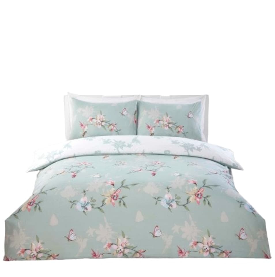 image 1 of Hummingbird Microfibre Reversible Duvet Cover Set with Pillowcase Blue | Double