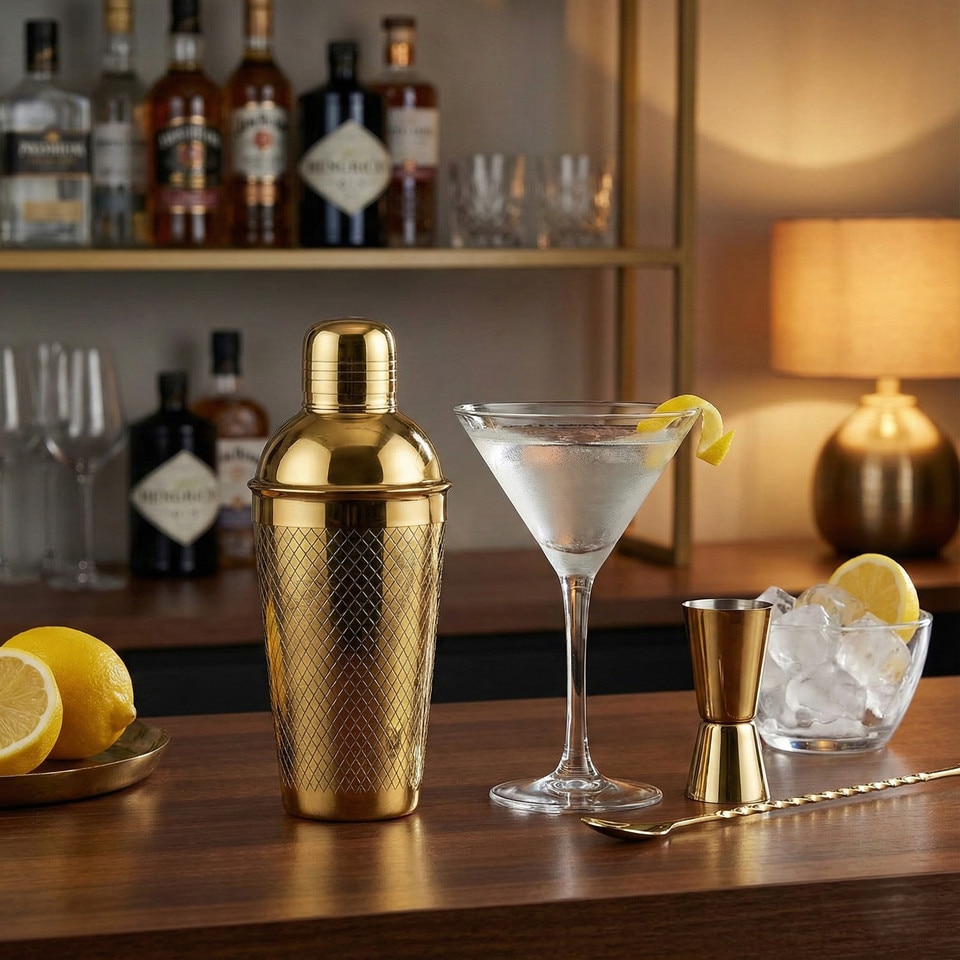 image 1 of Gold Metal Barware Set Cocktail Shaker Ice Bucket Wine Cooler Tongs Double Wall | Gold | Cocktail Shaker Set