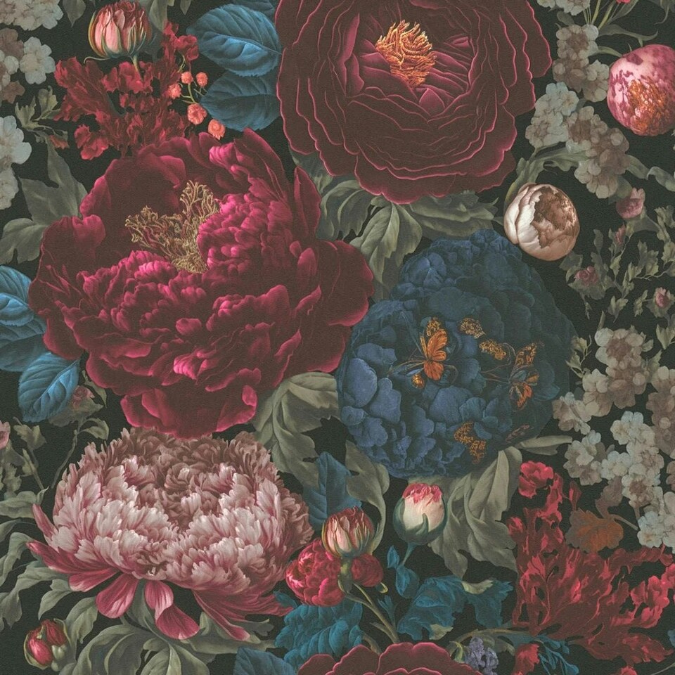 image 1 of Grand Peony Garden Wallpaper in Burgundy and Blue Blue