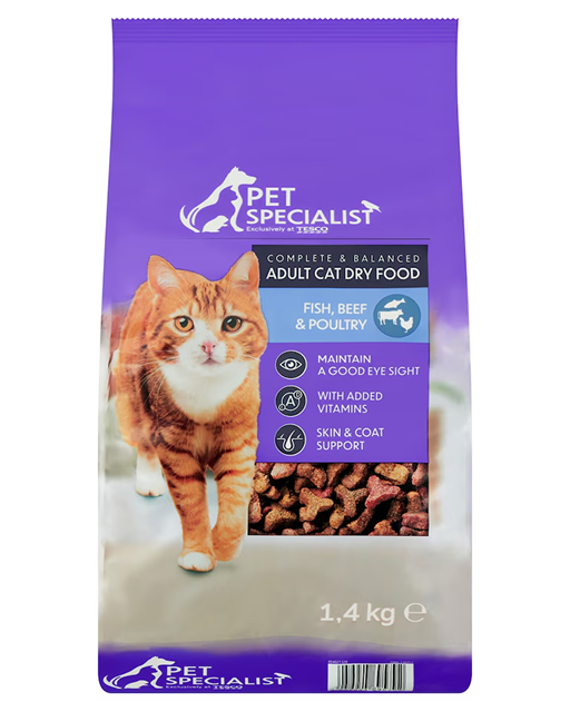 Pet Specialist teljes értékű felnőtt macska száraz eledel hallal, marhával, baromfival