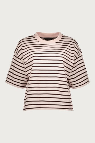 Rózsaszín csíkos, bő fazonú póló