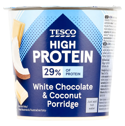 Tesco High Protein ovsená kaša s bielou čokoládou a kokosom