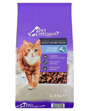 Pet Specialist suché krmivo pre mačky s rybou, hovädzím mäsom   a hydinou