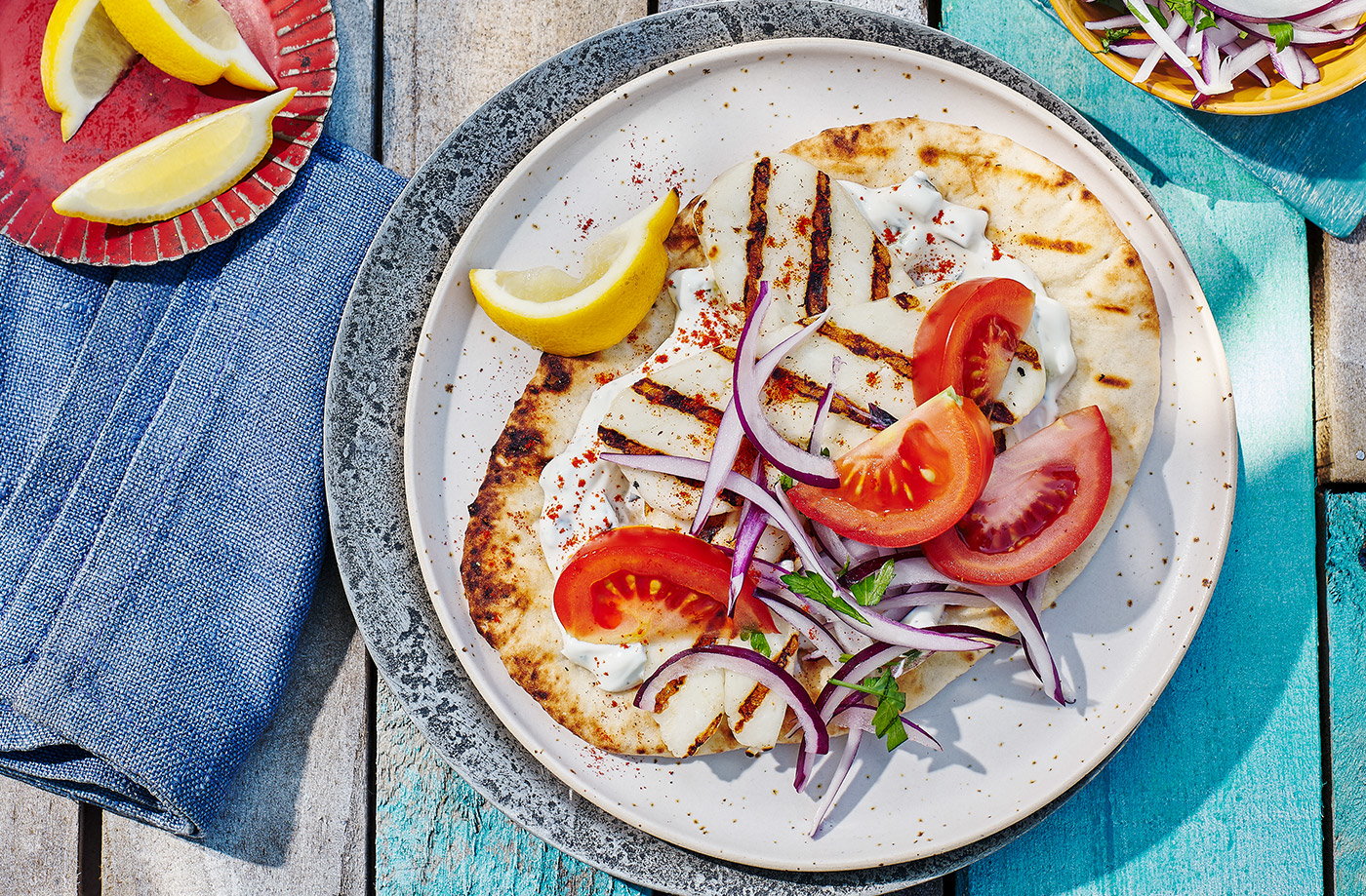 Halloumi souvlaki wraps