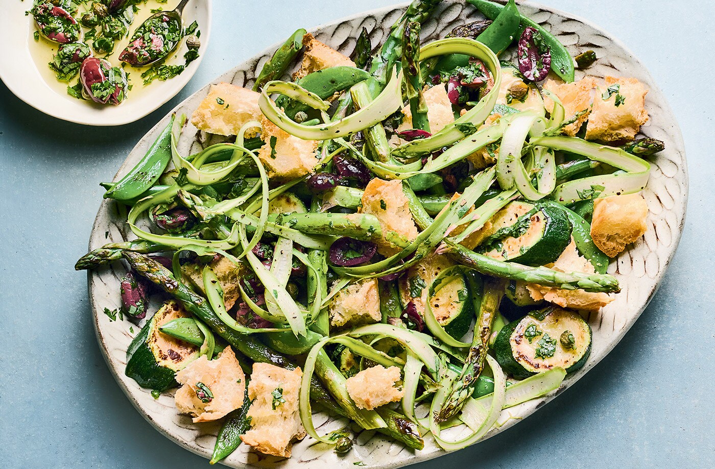 Asparagus, ciabatta and olive salad