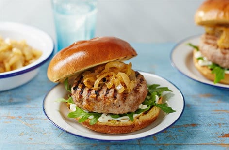 Image of "Pear and pork burger with sticky onions"