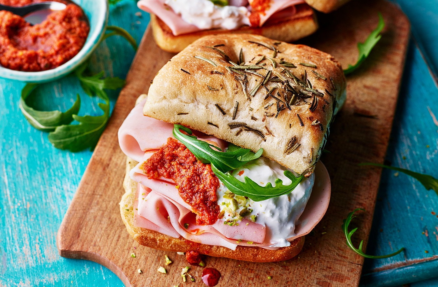 Mortadella, burrata and red pesto sandwich