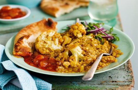 Image of "Cauliflower dhansak with red onion and mint salad"