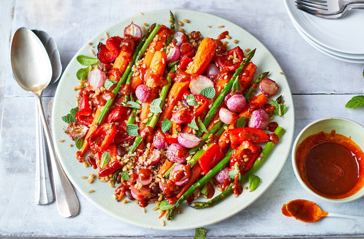 Spring veg bowl with harissa dressing